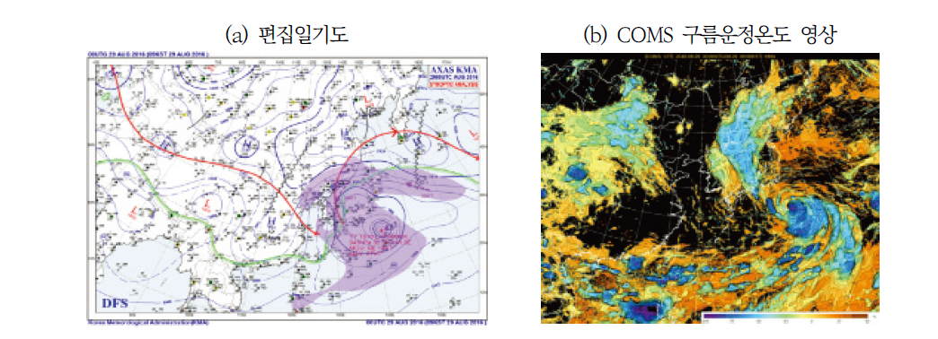 Synoptic analysis weather chart at 09 KST 29 August(a) and cloud top temperature image estimated by COMS(b)