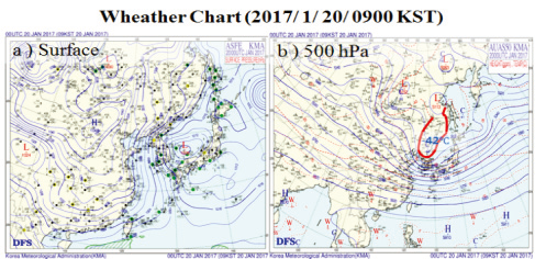 (a) Surface, (b) 500 hPa synoptic weather chart at 0900 KST 20 January 2017