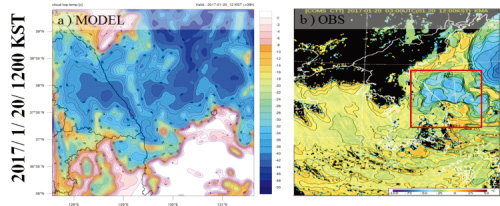 (a) simulated cloud top temperature image (left) and (b) COMS satellite cloud top temperature image (right) from 1200 KST 20 January 2017