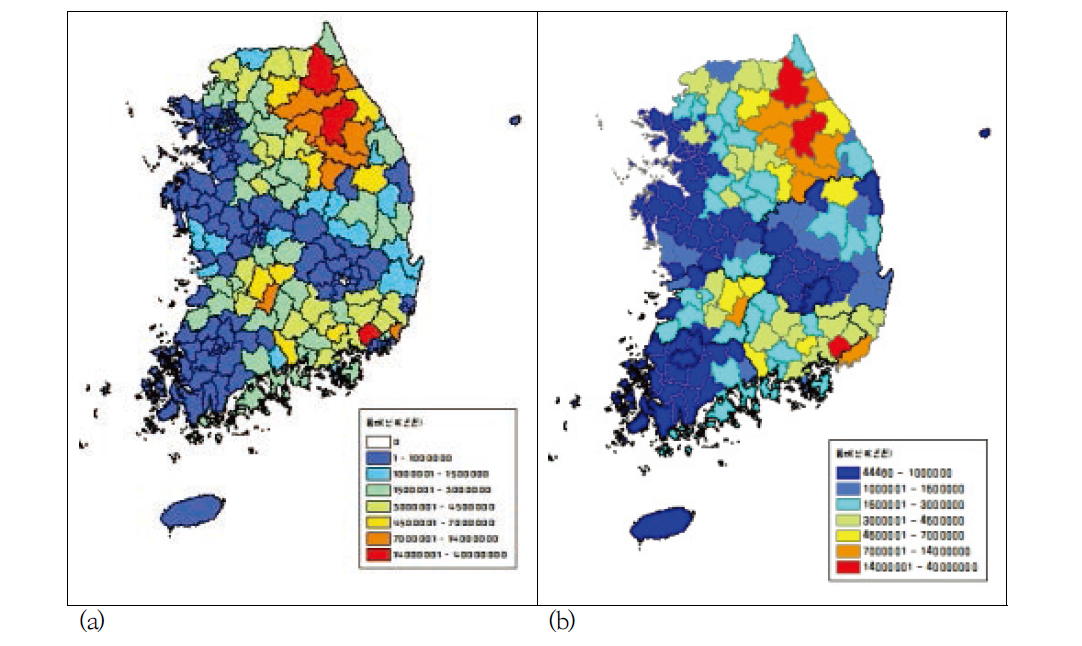 Disaster damage scale of a detailed spatial analysis unit(a) and disaster damage scale of a simple spatial analysis unit(b)