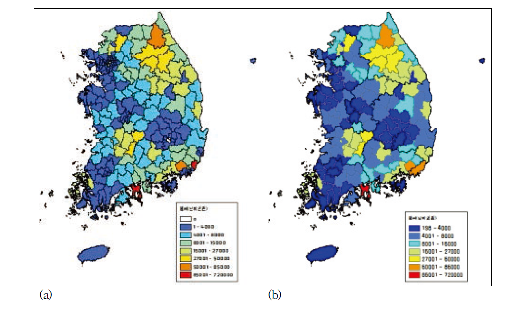 Detailed disaster vulnerability of spatial analysis unit(a) and disaster vulnerability of simple spatial analysis unit(b)