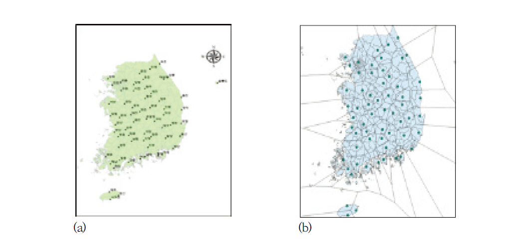 The meteorological observation points used in the study(a) and the thiessen polygon networks(b)