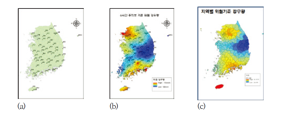 Risk-based rainfall point distribution(a), risk-based rainfall distribution interpolated in Lester form(b), risk-based rainfall by region(c)