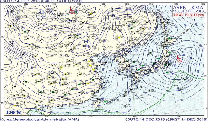 Surface weather chart for 09KST 14 December 2016