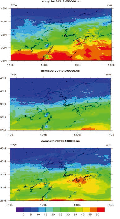 Spatial distributions of PWV for three snowfall episodes from the MIMIC-2 composite satellite image