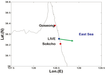 LIVE observation site (blue dot) and laser observation direction (green arrow). The cities near the observatory were marked with red dots