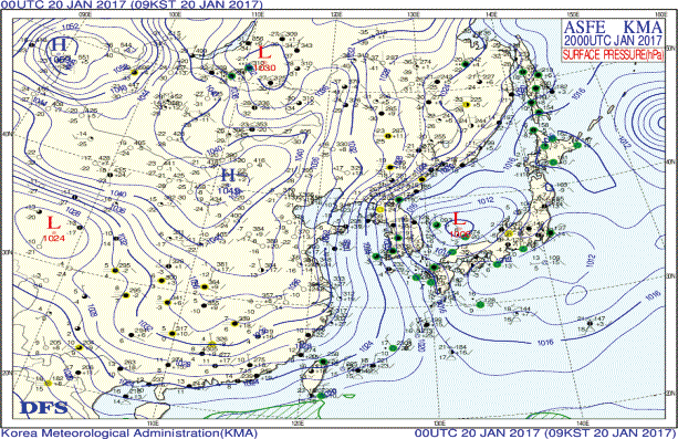 Surface weather chart for 09KST 20 January 2017