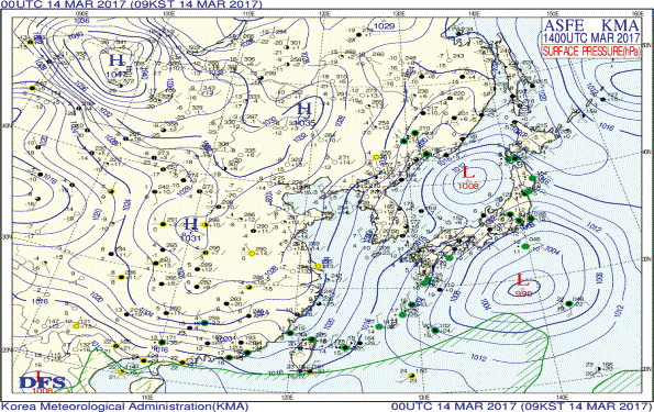 Surface weather chart for 09KST 14 March 2017
