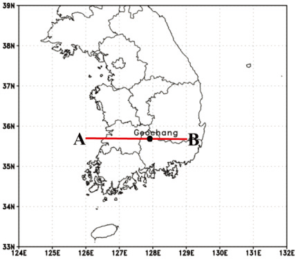 Geochang weather station use in this study. A-B line (red) is chosen to examine the variability of COMS cloud product