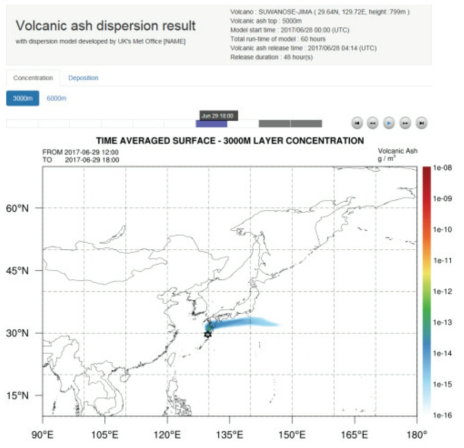Example of the NAME forecast results in the web-based dispersion forecast system