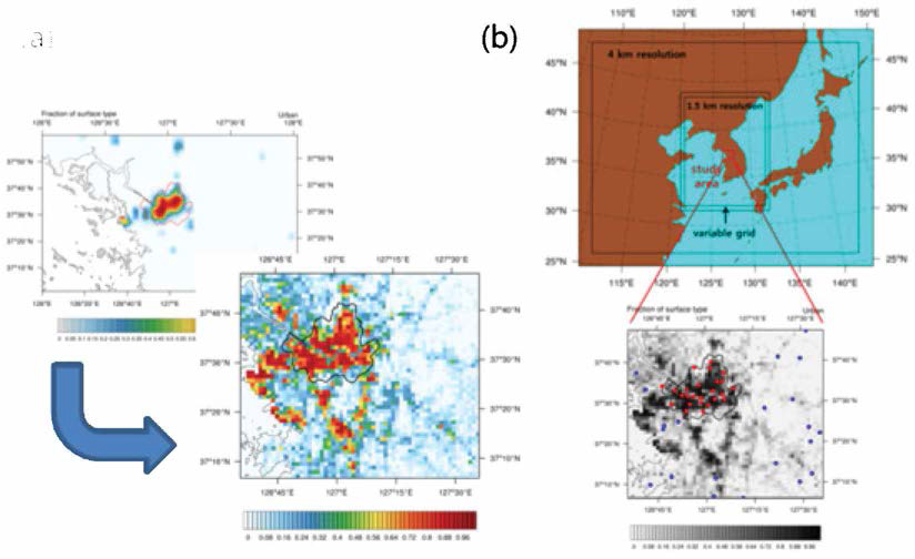 (a) The urban fraction value change using EGIS Land cover data, (b) UM-MORUSES model domain and locations of AWS site in Seoul(red points).