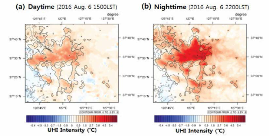 Spatial distribution of the UHI intensity at (a) daytime (1500 LST) and (b) nighttime (2200 LST) of 2016 August 6.