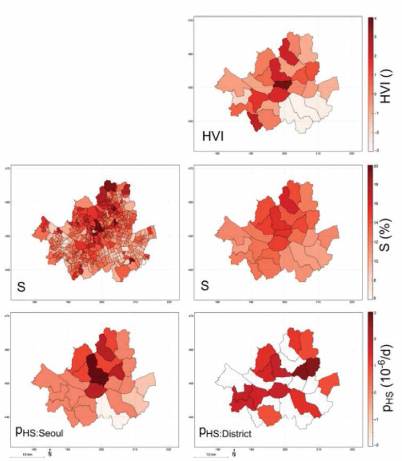 The spatial pattern of heat-stress vulnerability defined as Heat Vulnerability Index (HVI) and Percentage of Seniors (S) at the neighborhood and district level.