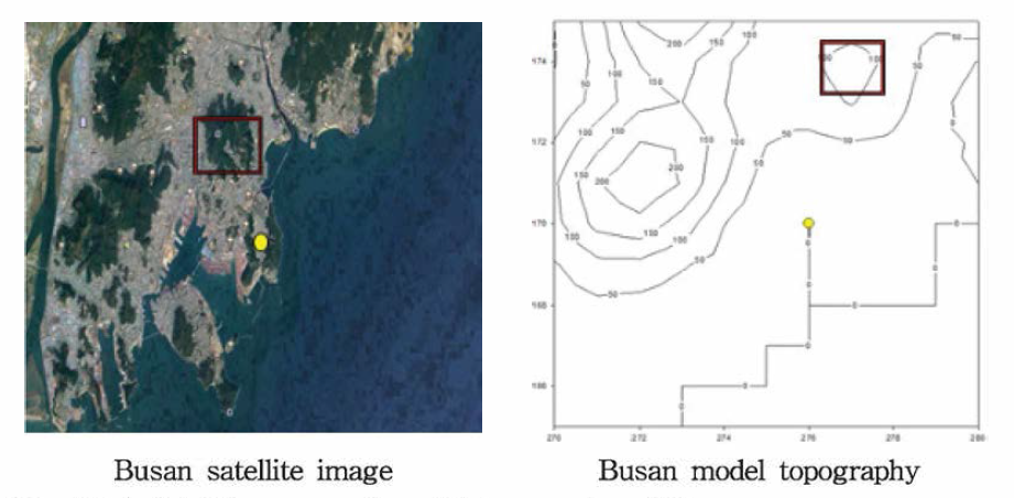 Satellite map and model topography of Busan.