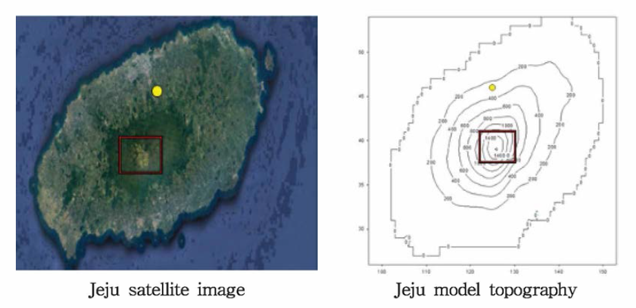 Satellite map and model topography of Jeju.