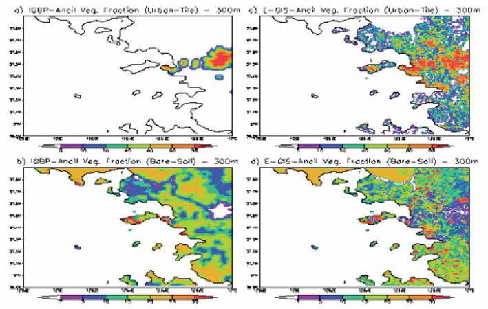 Spatial differences in Urban tile and Bare Soil fractions between IGBP data and newly created ancillary data after assimilating EGIS data