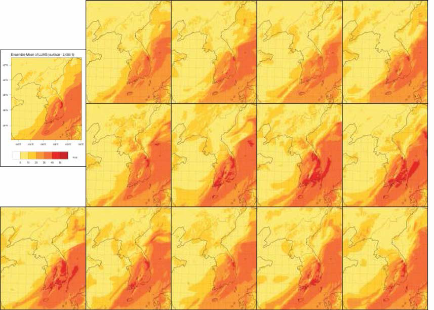 Ensemble mean and 13 ensemble 5-hour forecasts of LLWS over Korea for the wind gust and shear event on 1700 UTC July 1, 2016