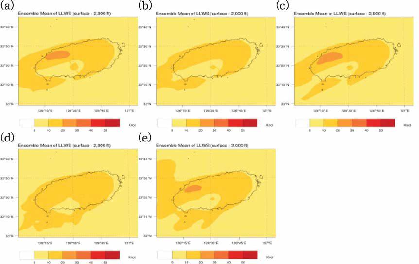 Ensemble mean distribtions of LLWS forecasts for each prediction times from LENS output valid at (a) 1200 UTC (+15 hr) and (b) 0000 UTC (+27 hr) October 22, (c) 1200 UTC (+39 hr) and (d) 0000 UTC (+51 hr), and (e) 1200 UTC (+63 hr) October 21, 2016.