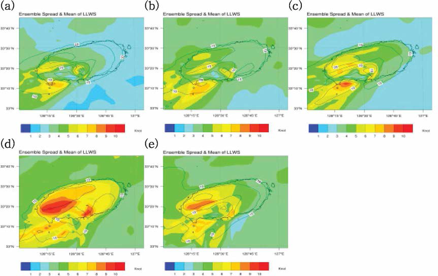 Same as Fig.4.3.4 except for ensemble mean (contour lines) and spread (filled colors) distribution.