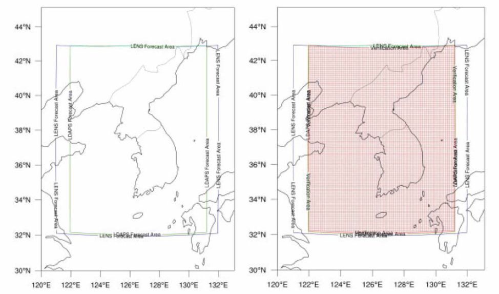 (left) LENS (dark blue line) and LDAPS (yellow-green line) model domain and (right) the verification area (red grids) overlapped with the two model areas