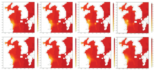 Salinity of forecast from +1day(left) prediction to +7days(right) prediction before(top) and after improvement(bottom).