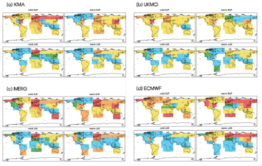 The reliability map of 2m temperature from (a) KMA, (b) UKMO, (c) MERG and (d) ECMWF on below DJF(upper left), above DJF(upper right), below JJA(lower left) and above JJA(lower right).