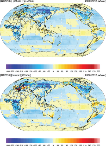 2000~2012년도 월 평균 식생+해양 플럭스 (위 : CT2013B, 아래 : CT2016)
