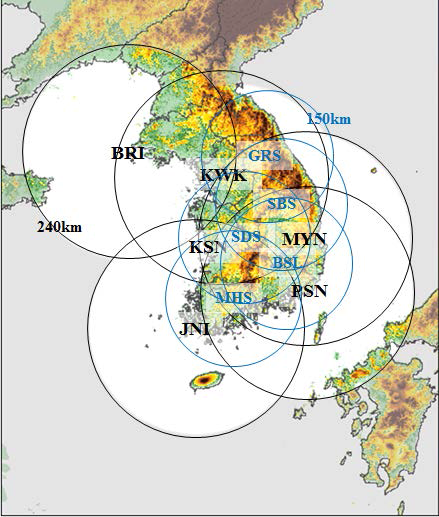 Topography of Korean peninsula and the observational area of the operational radar network of KMA(black) and MOLIT (blue).