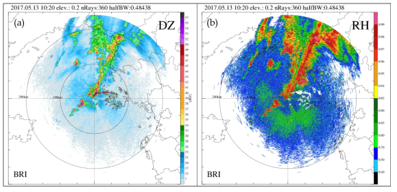 The images of (a) Observed-unfiltered reflectivity(DZ), (b) Observed cross-correlation coefficient of BRI at 1020 KST 13 May 2017