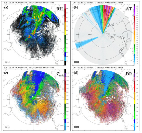 The images of (a) ZH-weighted cross-correlation coefficient, (b) Path-integrated attenuation, (c) Ratio between ZH and ZDR and (d) Observed ZDR of BRI at 1020 KST 13 May 2017.