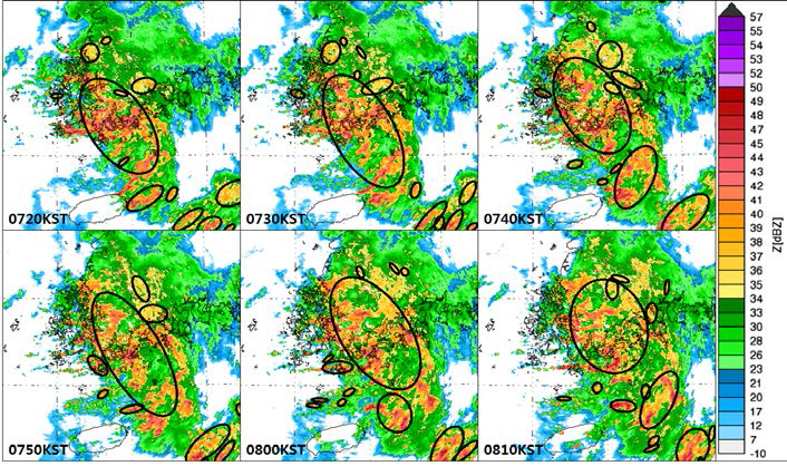 Results of storm detection without bright band identification in 0720~0810KST 14 Sep. 2017(Here black circle means storm)