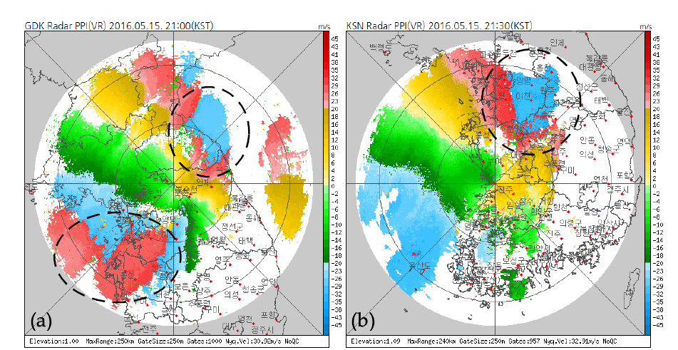 PPI images of the radial velocity of (a) GDK and (b) KSN radar at 2100 KST and 2130 KST 15 May 2016, respectively