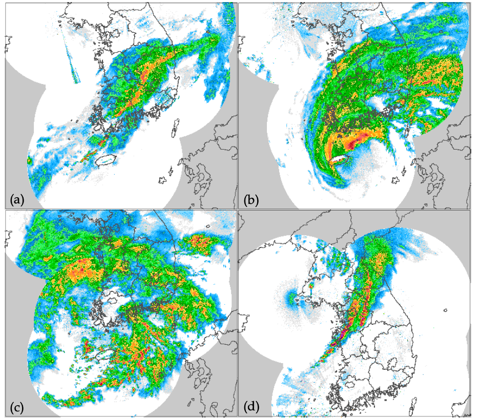 Radar reflectivity of (a)Case1, (b)Case2, (c)Case3 and (d)Case4.