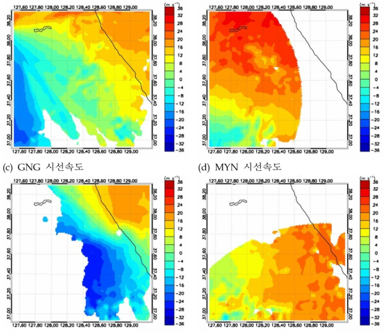 CAPPI for 3-dimensional radial velocity in 1km resolution at (a) GDK, (b) KWK, (c) GNG, (d) MYN produced by Cressman interpolation method