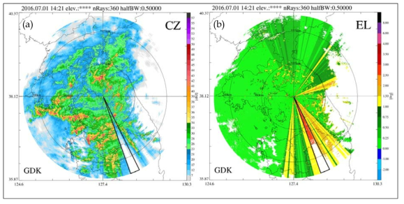 (a) reflectivity and (b)elevation surface of HSR of GDK at 14:21 KST 1 July 2016.