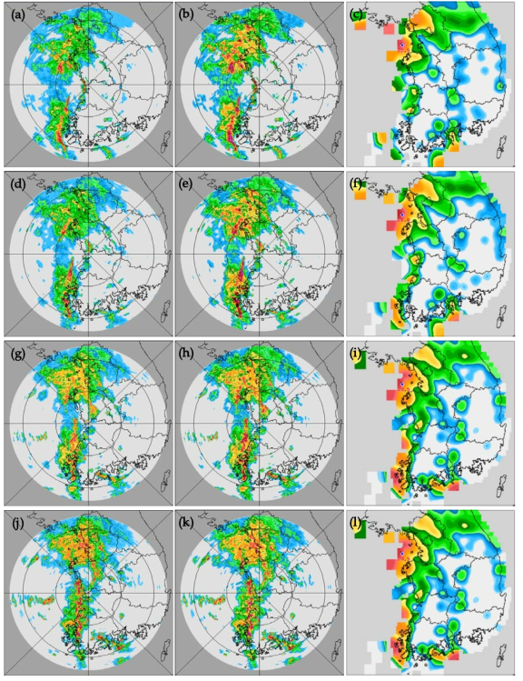 Comparison of RAR using M-P Z-R relationship as default(left), Mean Z-R relationship as default(middle), and AWS observation data(right) during 0520~0650 KST 20th Aug 2017 at KSN site, 0520 KST 20th Aug 2017 applying default Z-R relation(a)~(c), 0550 KST applying default Z-R relation(d)~(f), 0620 KST applying real-time Z-R relation(g)~(i) and 0650 KST applying real-time Z-R relation(j)~(l)