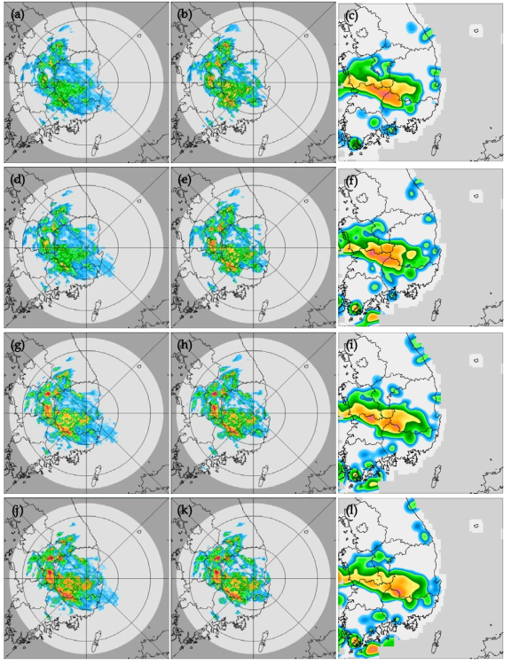 Comparison of RAR using M-P Z-R relationship as default(left), Mean Z-R relationship as default(middle), and AWS observation data(right) during 0140~0210 KST 14th Aug 2017 at MYN site, 0140 KST 14th Aug 2017 applying default Z-R relation(a)~(c), 0150 KST applying default Z-R relation(d)~(f), 0200 KST applying real-time Z-R relation(g)~(i) and 0210 KST applying real-time Z-R relation(j)~(l)