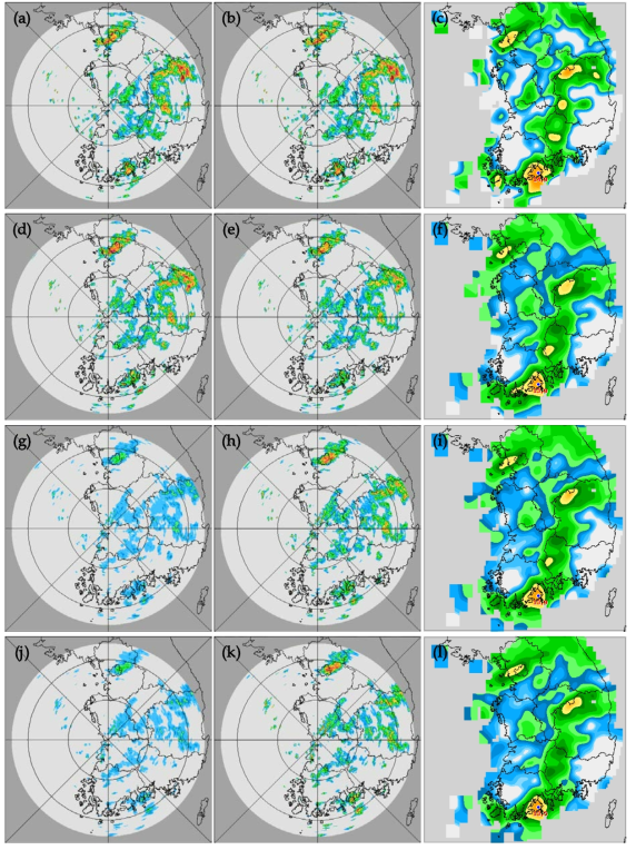 Comparison of RAR using M-P Z-R relationship as default(left), Mean Z-R relationship as default(middle), and AWS observation data(right) during 2030~2100 KST 06th Jun 2017 at KSN site, 2030 KST 06th Jun 2017 applying real-time Z-R relation(a)~(c), 2040 KST applying real-time Z-R relation(d)~(f), 2050 KST applying default Z-R relation(g)~(i) and 2100 KST applying default Z-R relation(j)~(l)