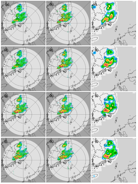 Comparison of RAR applying Error Inverse Weighted Method, before(left), after(middle), and AWS observation data(right) during 2230~2300 KST 25th Jun 2017 at PSN site