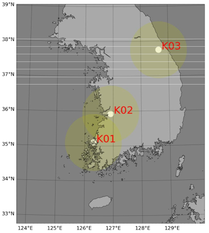 Location of research weather radar installation(K01: Muan, K02: Gunsan, K03: PyeongChang