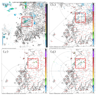 Images of reflectivity at 1350 KST 2 Aug. 2017 (a) composite of CAPPI 1.5km from S-Band radar (b) PPI from KSN radar (c) PPI from JNI radar (d) PPI from K01 radar