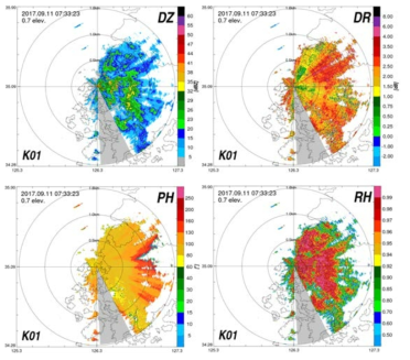 PPIs of reflectivity, differential reflectivity, differential phase shift, correlation coefficient at the elevation angle of 0.7° of Muan radar (K01) at 0733 KST 11 Sep 2017. The gray area indicates the blanking area