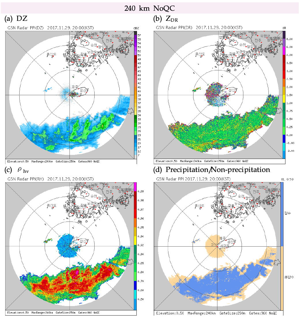 Same as Fig. 2.1.11 except for GSN dual-polarization 0.5° PPI image at 2000 KST 29 Nov 2017