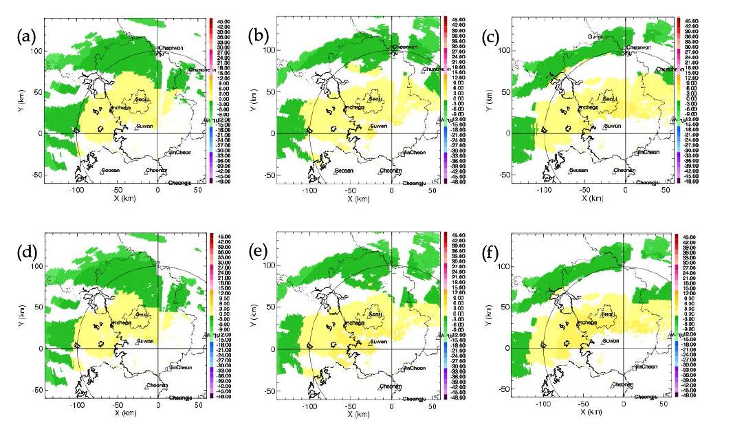 Temperature field in hydrometeor classification algorithm at (a) 1400 KST, (b) 1500 KST, and (c) 1600 KST 25 November 2017 from KLAPS. Image of (d)~(f) is also temperature field at (d) 1400 KST, (e) 1500 KST, and (f) 1600 KST 25 November 2017 from VDAPS