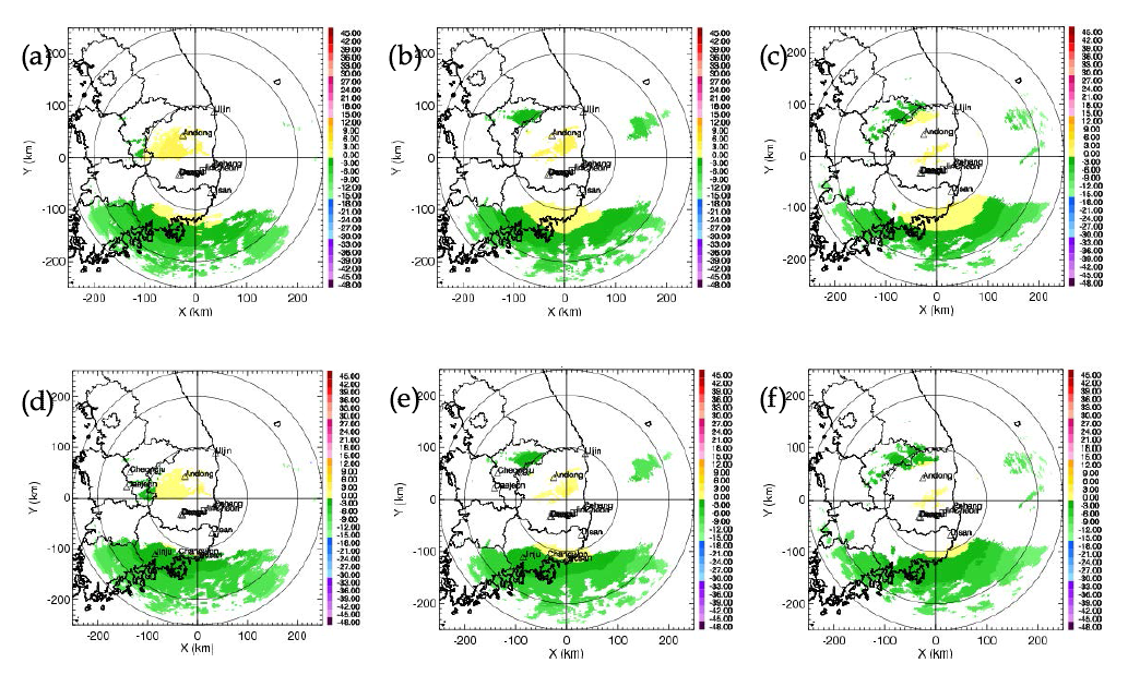 Temperature field in hydrometeor classification algorithm at (a) 2100 KST, (b) 2200 KST, and (c) 2300 KST 17 November 2017 from KLAPS. Image of (d)~(f) is also temperature field at (d) 2100 KST, (e) 2200 KST, and (f) 2300 KST 17 November 2017 from VDAPS