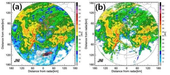 PPIs of reflectivity (a) before and (b) after selection of rain field at the elevation angle of 0.0° of JNI radar at 0730 KST 27 April 2016