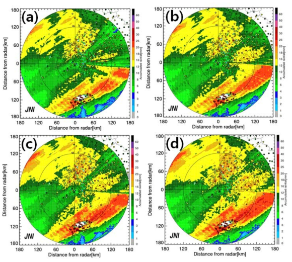 Spatial distribution of accumulated rainfall estimated from (a) NDNP, (b) YDNP, (c) NDYP, and (d) YDYP for the rainfall event from 0300 to 0950 KST 10 May 2016. The circles indicate that measured from AWSs.