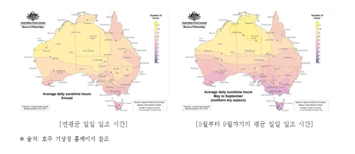 호주 기상청의 일조 시간 관련 정보 제공 방식