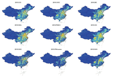 중국 2010년 MEIC 배출량의 공간분포