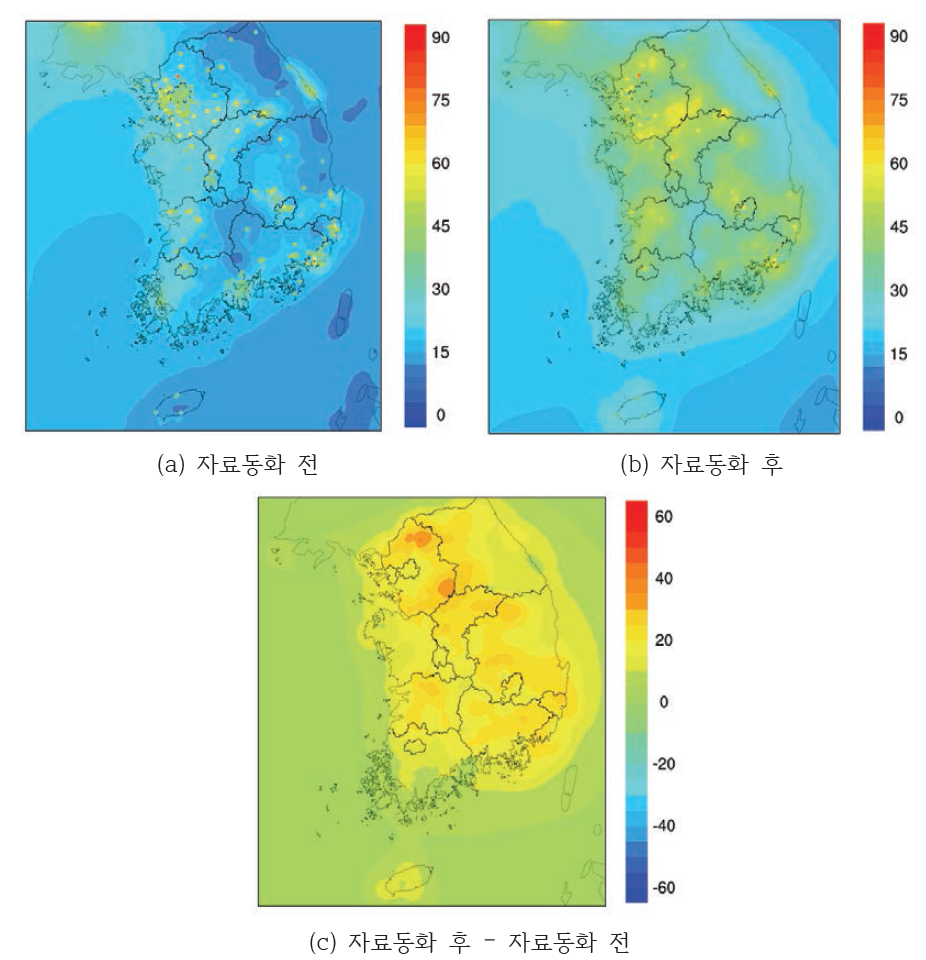 2012년 PM10 자료동화 전후 연평균 공간분포